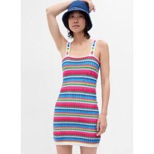 Gap Rainbow Crochet Knit Dress Festival Size Small Tall Retro 70s Beachy Boho‎